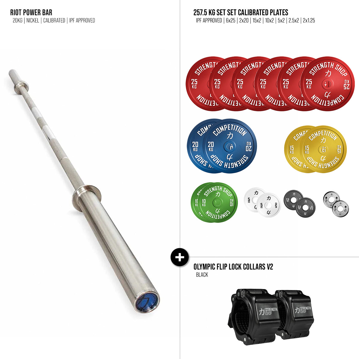 Riot Calibrated Barbell & Plates Bundle - 157.5kg / 207.5kg / 257.5 kg - Strength Shop