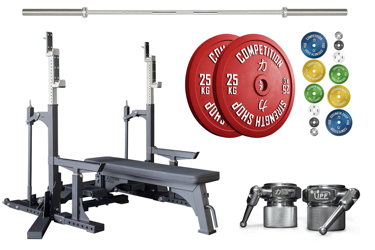 Competition Powerlifting Set: Pro Combo Rack + Calibrated Plates + Bastard Bar + Collars - Strength Shop