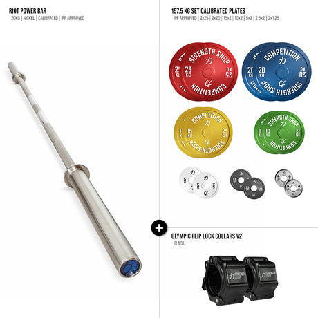 Riot Calibrated Barbell & Plates Bundle - 157.5kg / 207.5kg / 257.5 kg - Strength Shop