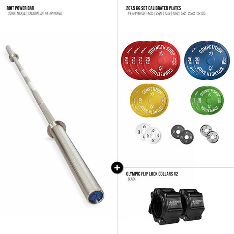 Riot Calibrated Barbell & Plates Bundle - 157.5kg / 207.5kg / 257.5 kg - Strength Shop
