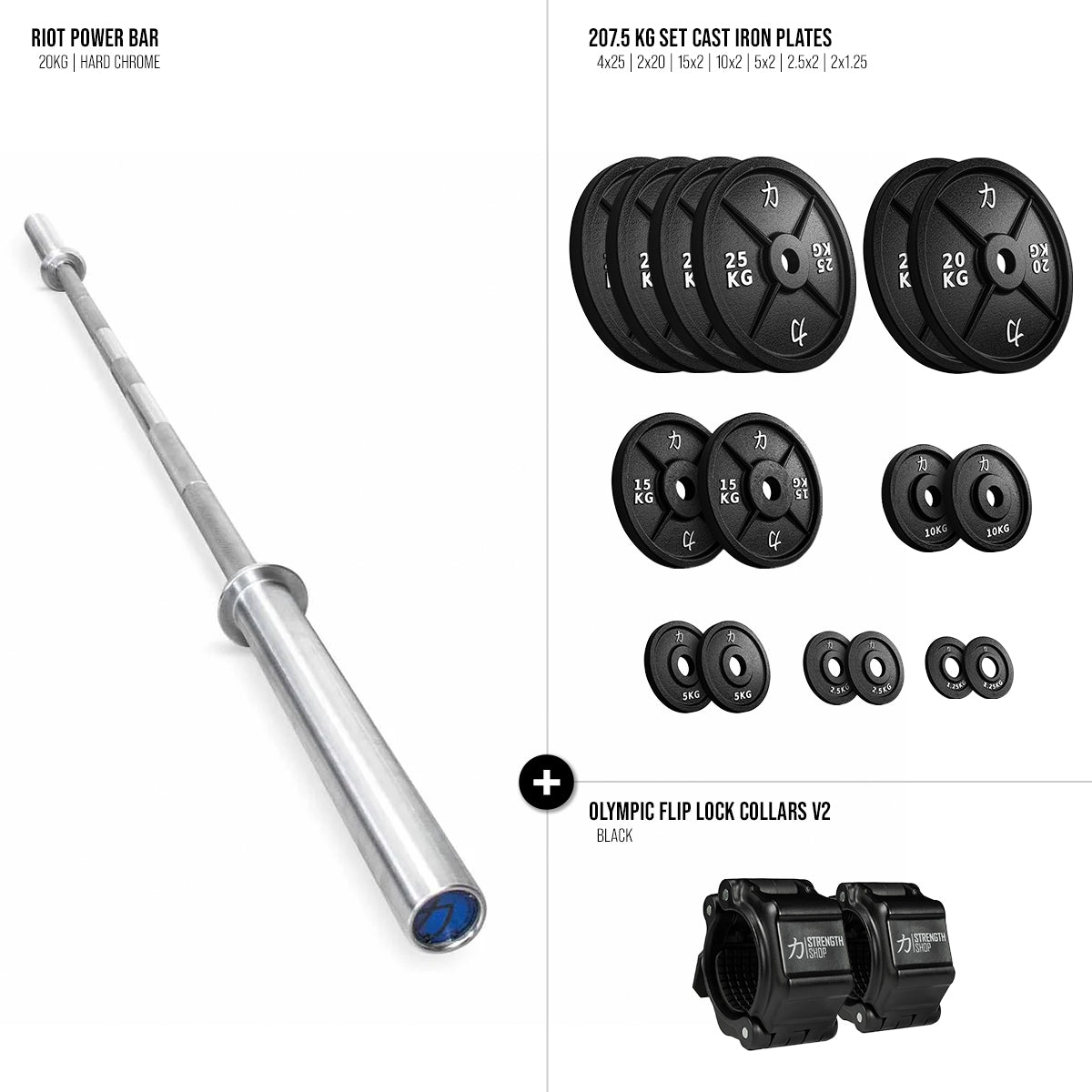 Riot Barbell & Cast Iron Plates Bundle - 157.5kg / 207.5kg / 257.5 kg - Strength Shop