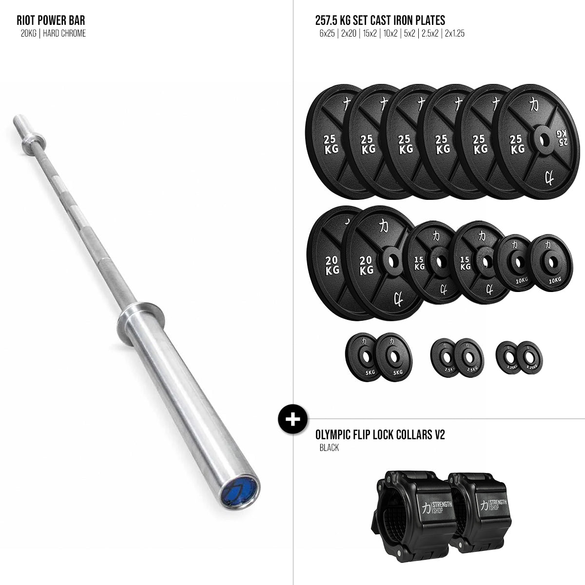 Riot Barbell & Cast Iron Plates Bundle - 157.5kg / 207.5kg / 257.5 kg - Strength Shop