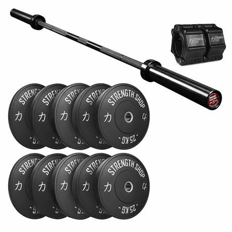 Minimalist Strength Bundle | 150KG Black Bumper Plates Set & Olympic Bar - Strength Shop