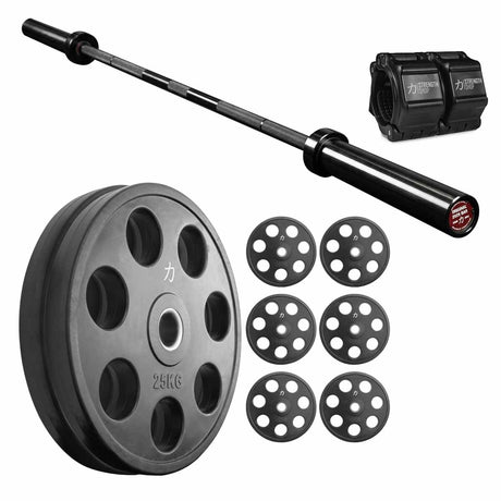 Practical Training Bundle | 150KG Rubber Coated Easy Grip Plates Set & Olympic Bar - Strength Shop