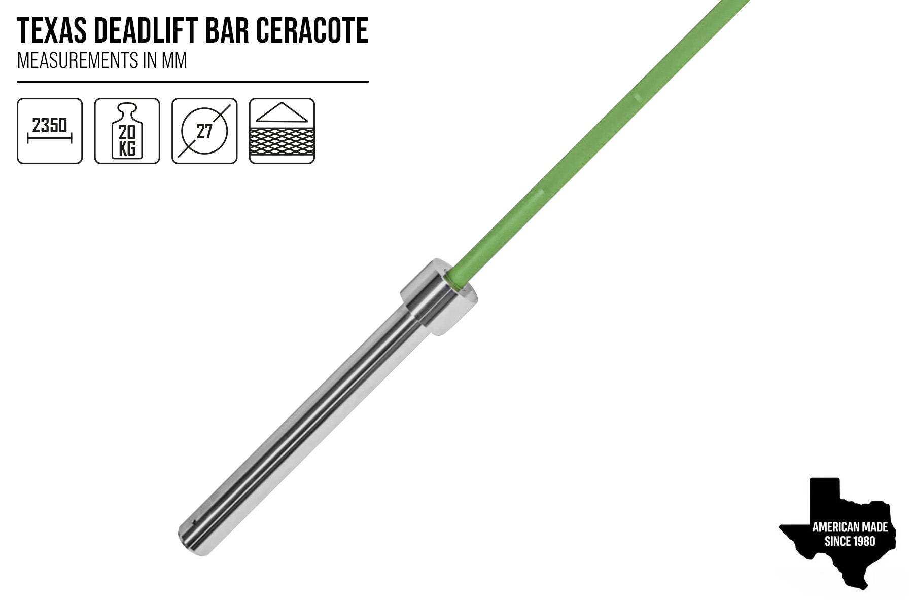 Original Texas Deadlift Bar - Chrome Sleeves, Bazooka Green Bar - Preorder (Ships by July 31) - Strength Shop