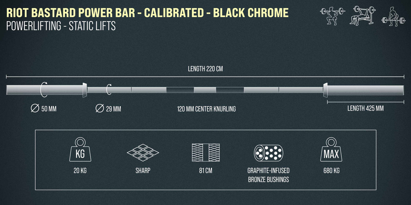 Riot Bastard Power Bar - Calibrated, 20 kg - Black Chrome - Strength Shop